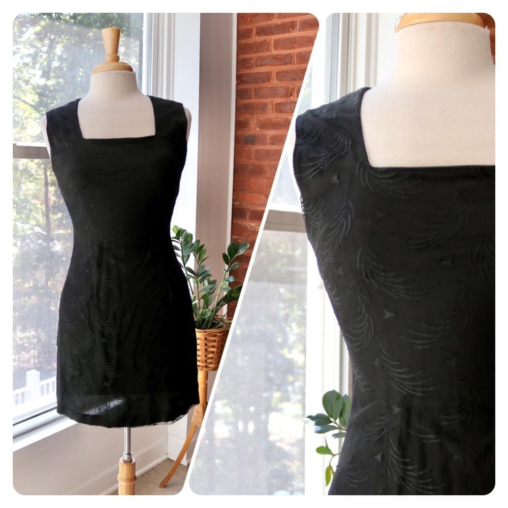 Vintage 1990's Rampage Embroidered Mesh Overlay Black Sleeveless Mini Dress